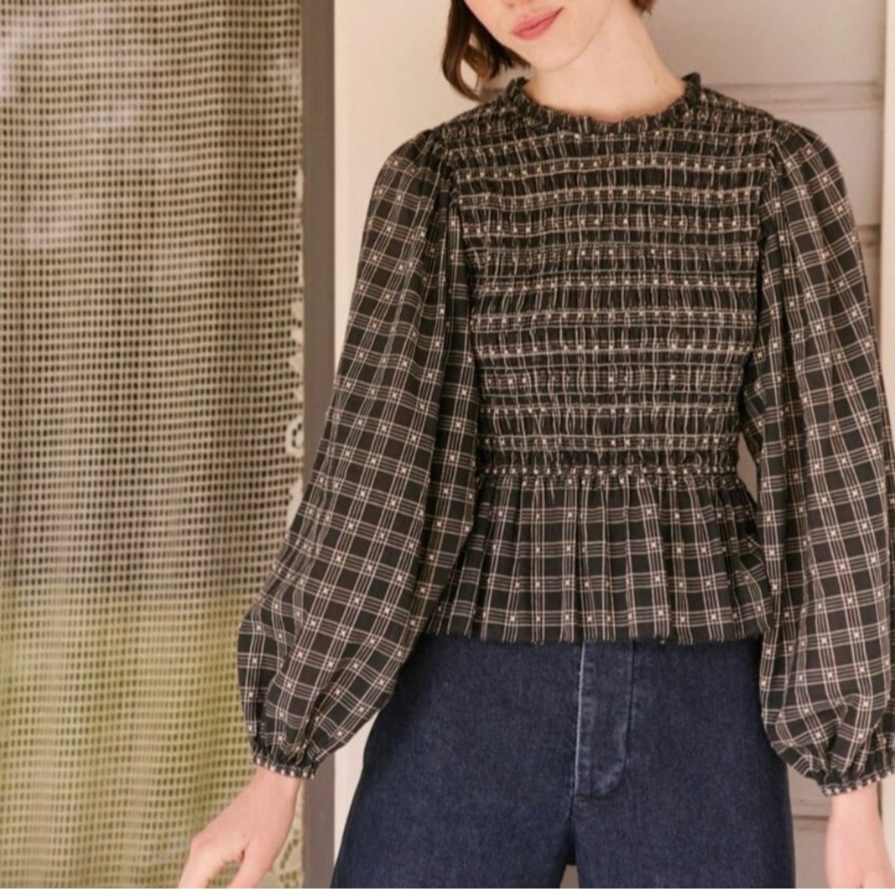 THE GREAT. Black & White Smocked Plaid Blouse